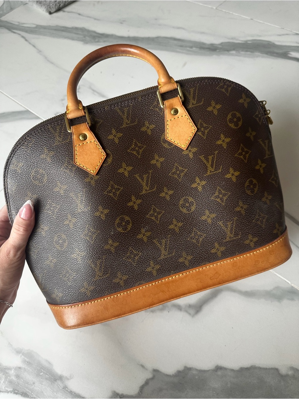 Vintage Louis Vuitton Monogram Alma Satchel in Brown and Tan Leather Trim